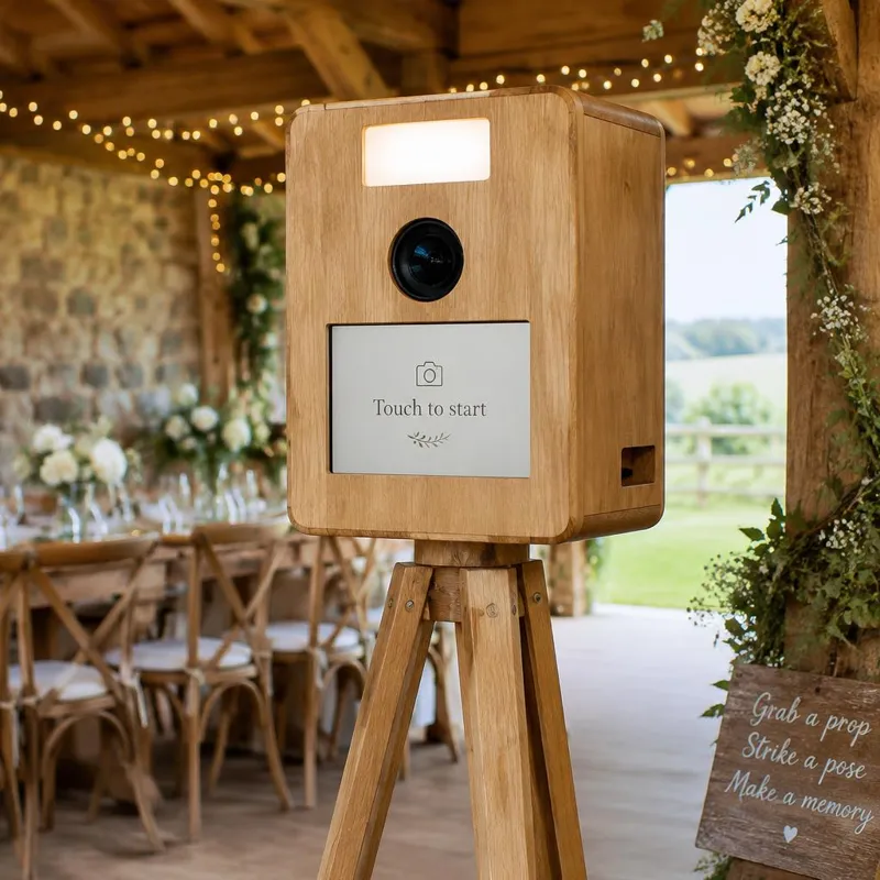 Photobooth en bois de chêne sur trépied dans une grange décorée pour un mariage
